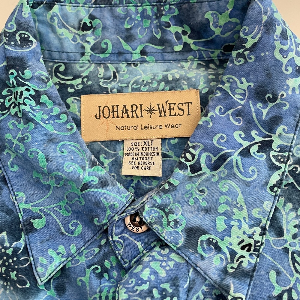 Johari West Mens XLT Batik Shirt Blue Green Tropical Floral Cotton Short Sleeve - Picture 6 of 10